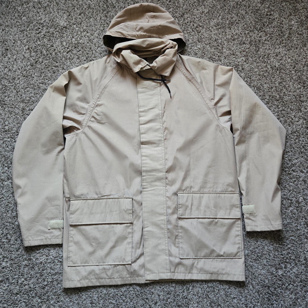 Vtg Orvis Jacket Men's Large Tan Full Zip Pockets Gore-Tex Hooded Storm Dry Coat